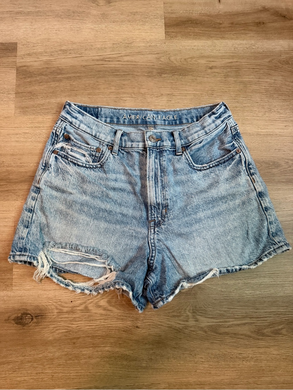 American Eagle Outfitters Faded Blue High-Rise Distressed Denim Shorts